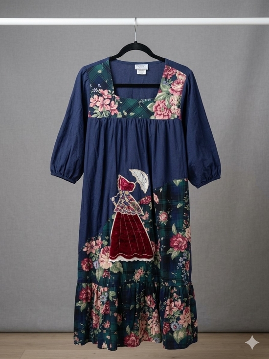 Appel Dresses & Skirts - Vintage Boho Navy Floral Patchwork Midi MUMU with Appliqué 100% cotton Sz M
